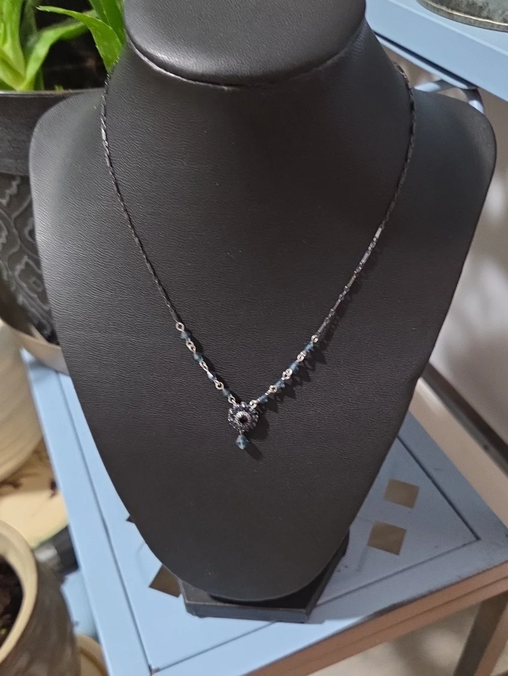 Liz Palacios SF Signed Y Drop Blue Crystal Necklace